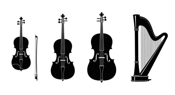 Black silhouettes of string instruments and bow on white background with silhouettes three violins one harp white music