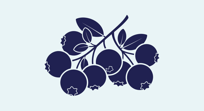 Dark blue silhouette of blueberries with leaves on light background with illustration blueberry graphic healthy design nature branch fruit with plant