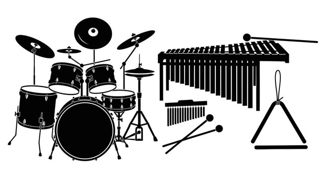 Black musical instruments on white background with black silhouettes drum set xylophone triangle white percussion graphic cymbal mallet with icon