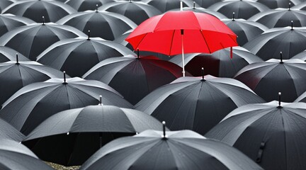 Obraz premium One bright red umbrella stands out among many identical dark black umbrellas. Different object shows uniqueness, individuality in crowd. Concept of personal brand leadership, success represents brave