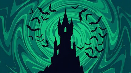 Fototapeta premium Spooky castle silhouette with bats on green swirl background.