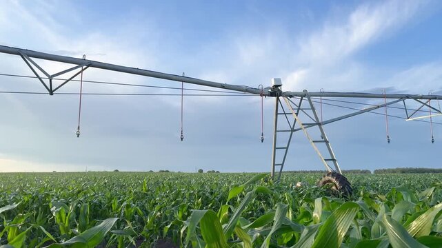 a large irrigation system in a cornfield. This irrigation system waters the healthy corn crops under a clear sky.
