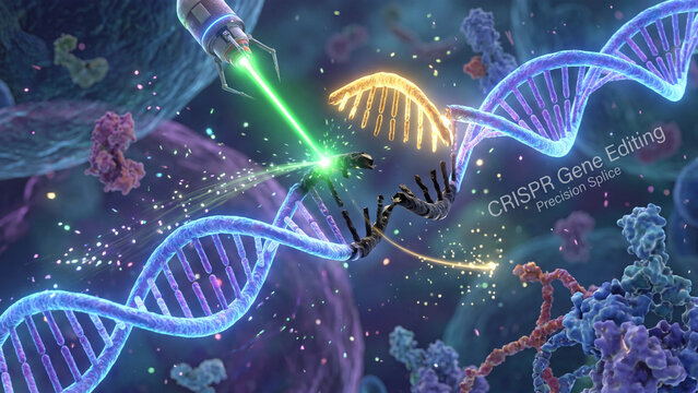 DNA strand undergoes precise genetic modification by a futuristic robotic arm emitting a focused green laser beam.