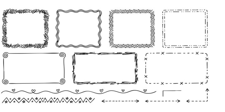 Set of various hand drawn doodle frames and borders with different shapes and artistic sketchy line styles