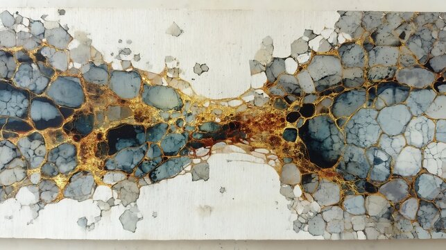 Abstract fluid art with gold accents, textured surface, and contrasting colors