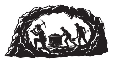 Miners working in a tunnel black and white silhouette © Layla