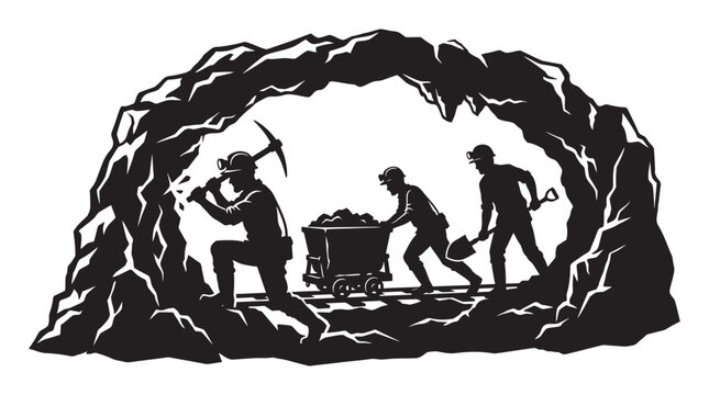 Miners working in a tunnel black and white silhouette
