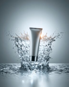 Hydrating silver skincare cream tube floating above clear water splash with soft light