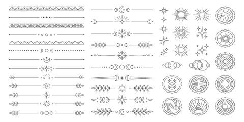 Set of hand drawn celestial dividers and mystic circular emblems with moon stars and geometric line patterns © GraphixEra