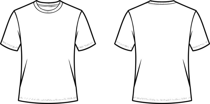 Technical fashion illustration of a classic crew neck t shirt front and back views white background