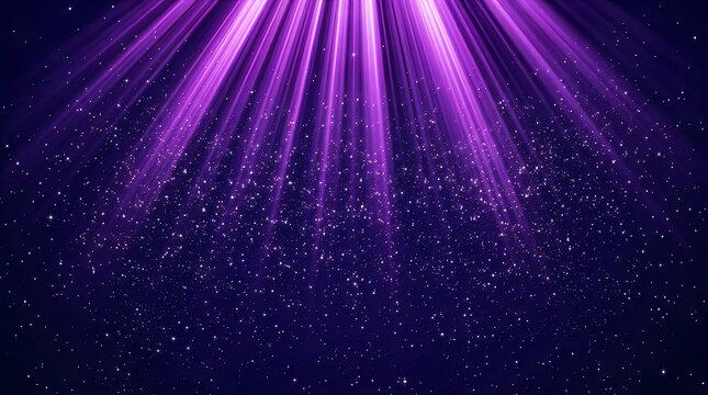 Abstract purple light rays with glowing particles in deep space background