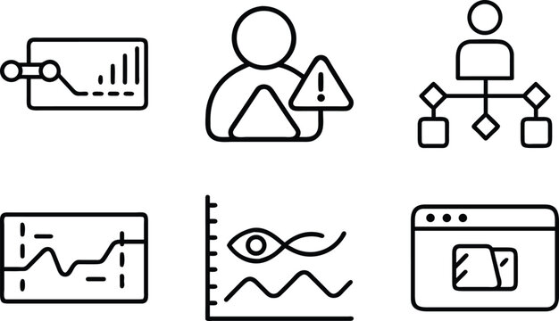 Set of data analytics and user behavior monitoring thin line icons representing digital reports network statistics and system warnings for business.