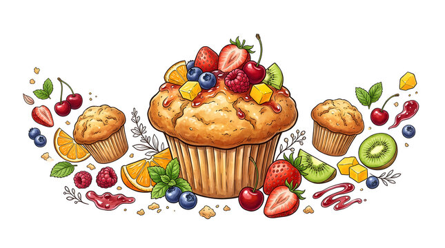 Gourmet Bakery Dessert Banner Featuring Fresh Muffins, Sweet Berry Jam, and Assorted Fruits Vector Illustration