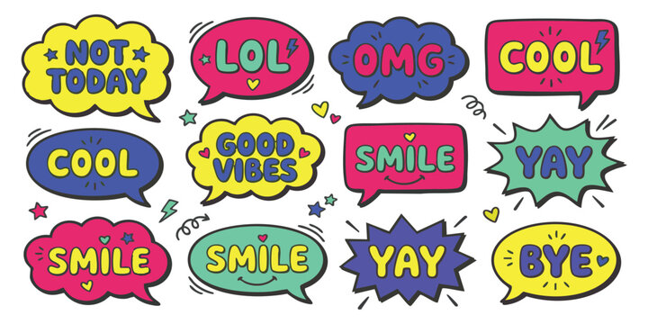 Set of colorful comic speech bubbles with fun expressions and phrases for chat messages and social media design