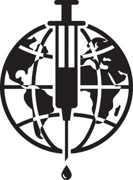 Global vaccination concept icon featuring a syringe superimposed over a world map silhouette in black vector style