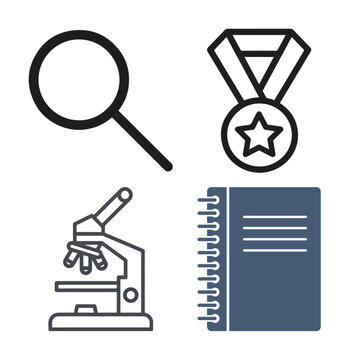 Magnifying glass, award medal, microscope, and notebook icons symbolize research, scientific achievement, and academic record keeping.