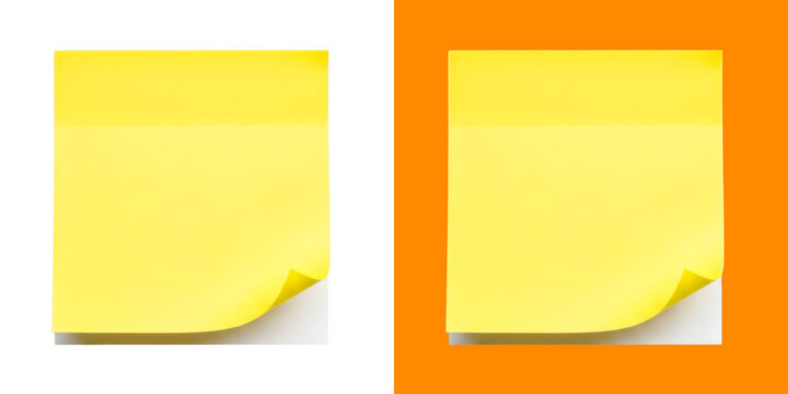 Two square yellow sticky notes isolated on split background with black and orange contrasting colors