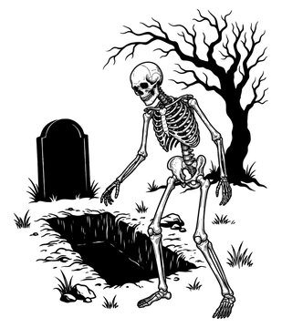 Skeleton standing by an open grave in a cemetery