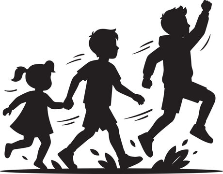 Silhouette of three happy children running and playing together outdoors isolated on a white background vector illustration