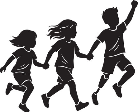 Silhouette of happy children running together including a boy with a prosthetic leg vector illustration