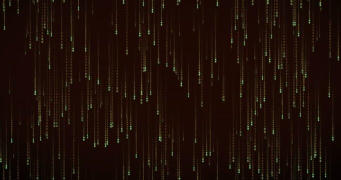 Amber binary digits fall slowly in a matrix rain animation with layered parallax depth and a radiant phosphor bloom across a full-frame 4K digital mainframe code field.