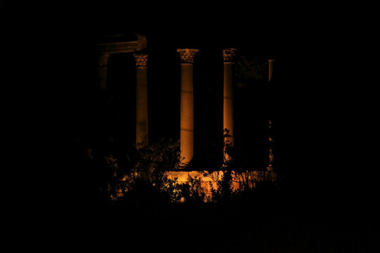 lluminated Ancient Columns in Byblos at Night