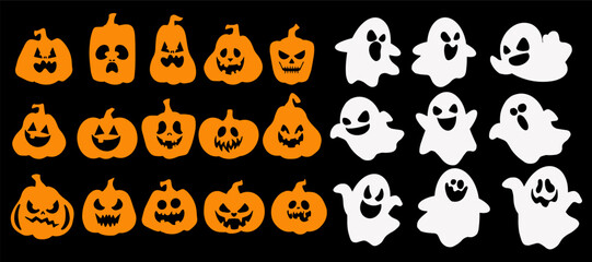 Obraz premium Large Halloween icon set with 15 orange jack-o-lantern pumpkins and 9 white ghost silhouettes, each with unique facial expressions. Flat style for stickers, cards, patterns and party design.