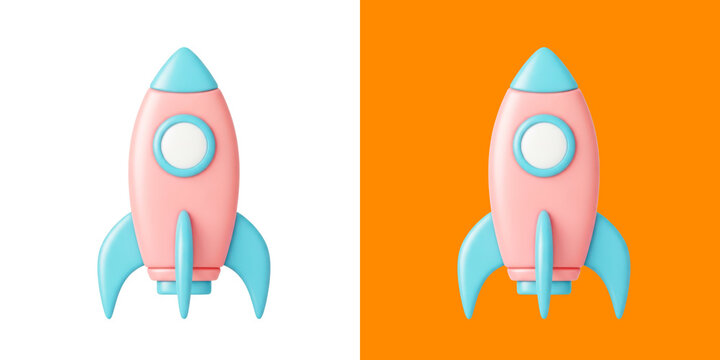 A cute 3D rendered cartoon rocket ship icon featuring soft pastel pink and blue colors