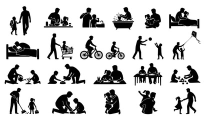 Obraz premium Parenting Daily Activities Father and Child Silhouette Vector Collection Isolated on White