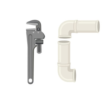 Plumbing equipment set featuring a heavy duty adjustable pipe wrench and white pvc pipe fittings for residential water system repair