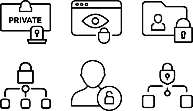 Data protection and internet privacy thin line icon set containing lock secure server personal identity and cybersecurity concepts on transparent.