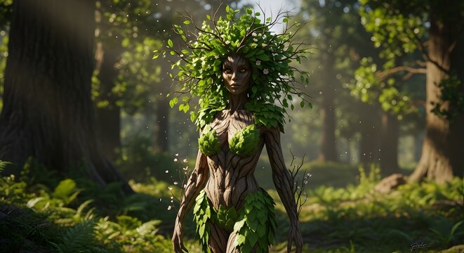 Forest spirit woman with leafy headdress and bark skin standing in sunlit woodland glade