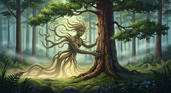 Forest dryad embracing ancient tree with luminous mist during sunrise in verdant woodland