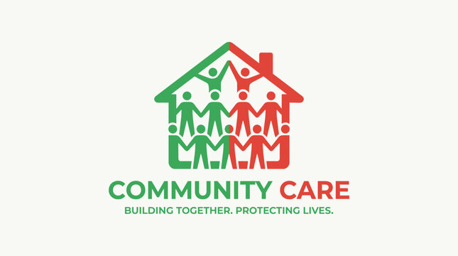 Community Care logo featuring a house icon formed by green and red stylized people, with the tagline 'Building Together, Protecting Lives'.