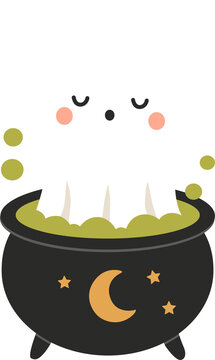 Cute Halloween Ghost Emerging from a Witch Cauldron