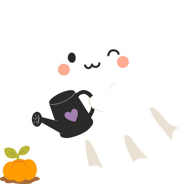 Cute Halloween Ghost Watering a Pumpkin
