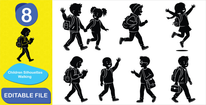 Children Silhouettes Walking with backpacks during daytime for Educational Concepts