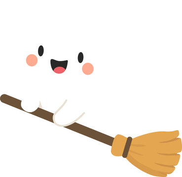 Cute Halloween Ghost Flying on a Witch Broom