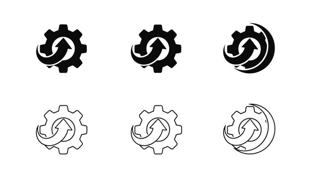 Six variations of a productivity and process improvement logo showing a gear cog with an upward curving progress arrow, vector illustration.