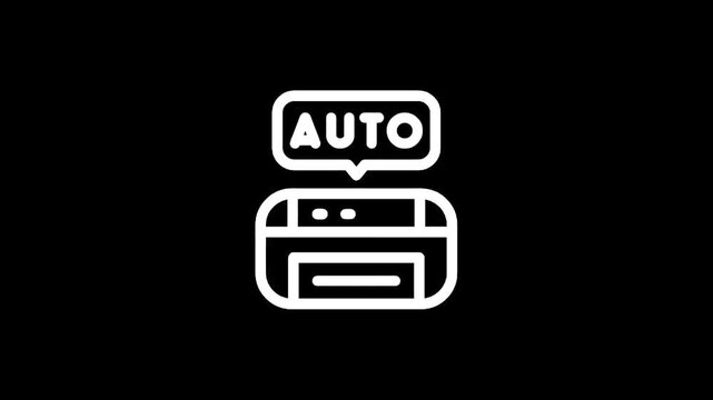 Simple line icon of a printer with the word AUTO in a speech bubble above it