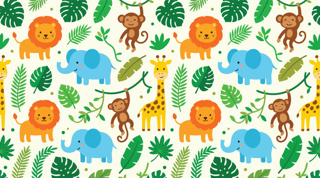 Flat style seamless vector pattern of adorable jungle animals with tropical leaves and playful nature elements. Perfect for children's fabric, wallpaper, apparel and nursery decoration