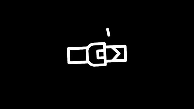 Simple white line art icon of a seatbelt buckle being fastened on a black background