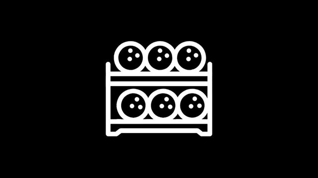 White line art icon of bowling balls neatly arranged on a rack against a black background