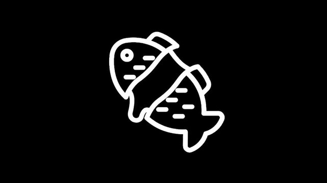 Stylized white outline of two fish intertwined on a black background