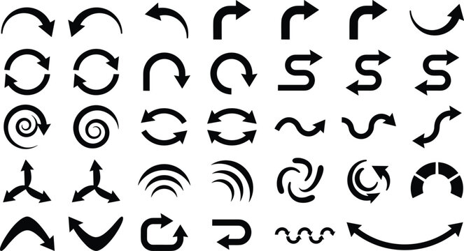 Curved Arrow and Circular Rotation Icon Set Featuring Refresh, Reload, Loop, Direction, Navigation, Sync, Spiral, and Flow Symbols
