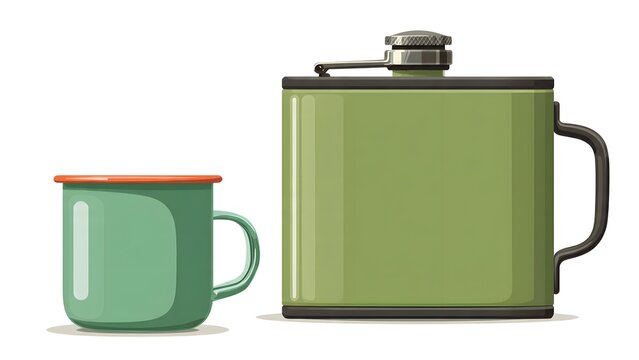 Green enamel camping mug and metal hip flask set vector illustration isolated on white background for outdoor adventure gear