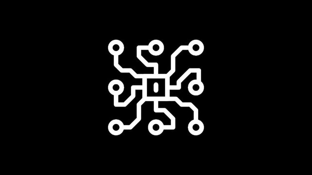 Abstract white circuit board pattern on a black background, representing technology and connectivity
