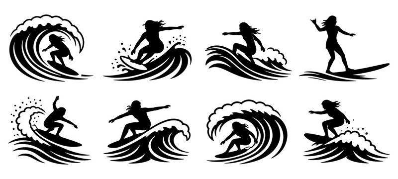 Surfer girls riding waves, female surfer riding ocean waves silhouette for summer beach sport designs. female surfing action vector, surfer, surf, wave, ocean, sea