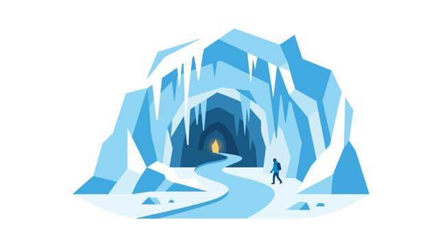 Arctic ice cave entrance with a small fire inside.