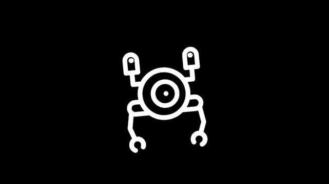 Simple white line art icon of a futuristic robot with a central eye and gripper arms on a black background